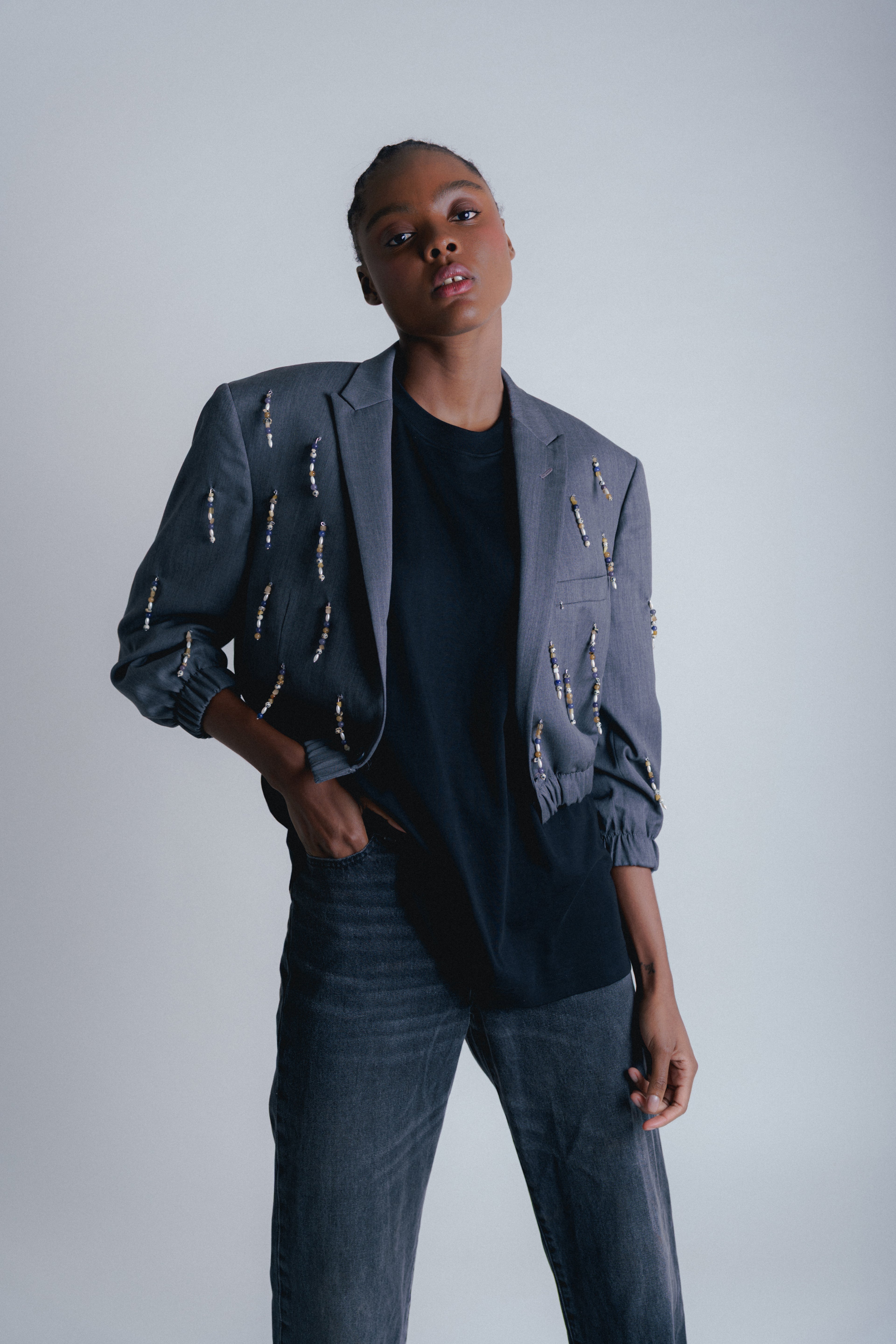 GREY BOMBER LONG BEADS