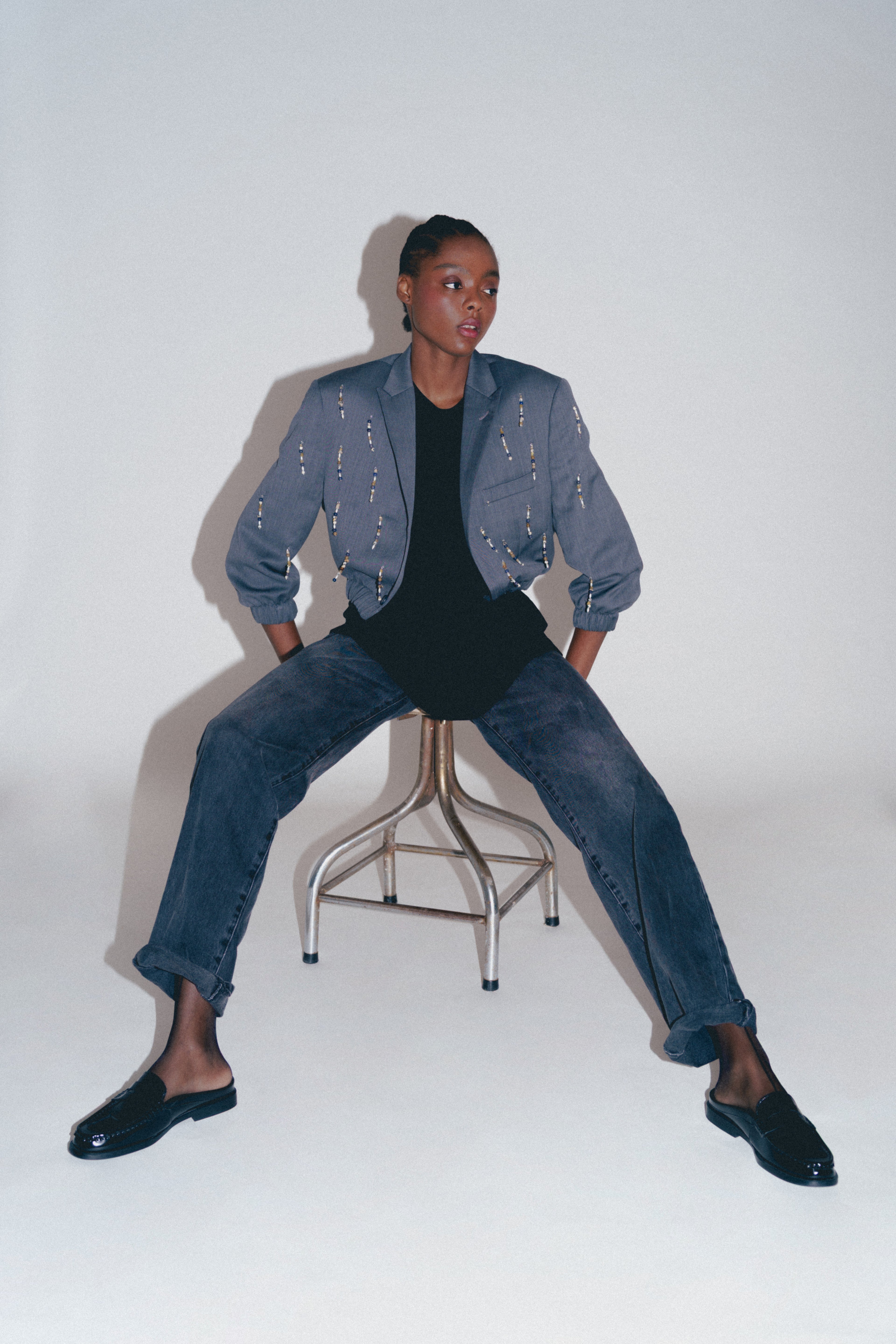 GREY BOMBER LONG BEADS