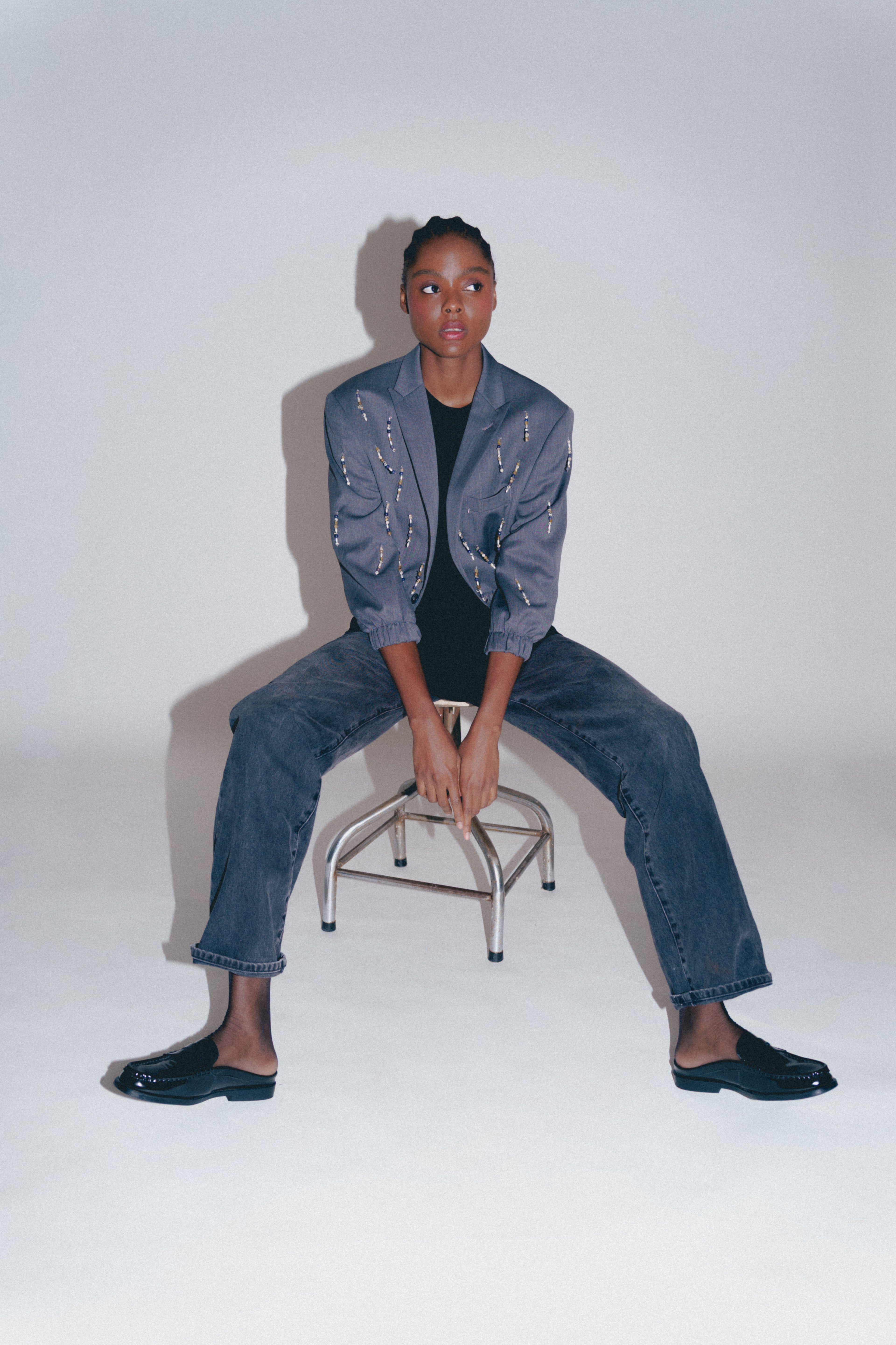 GREY BOMBER LONG BEADS