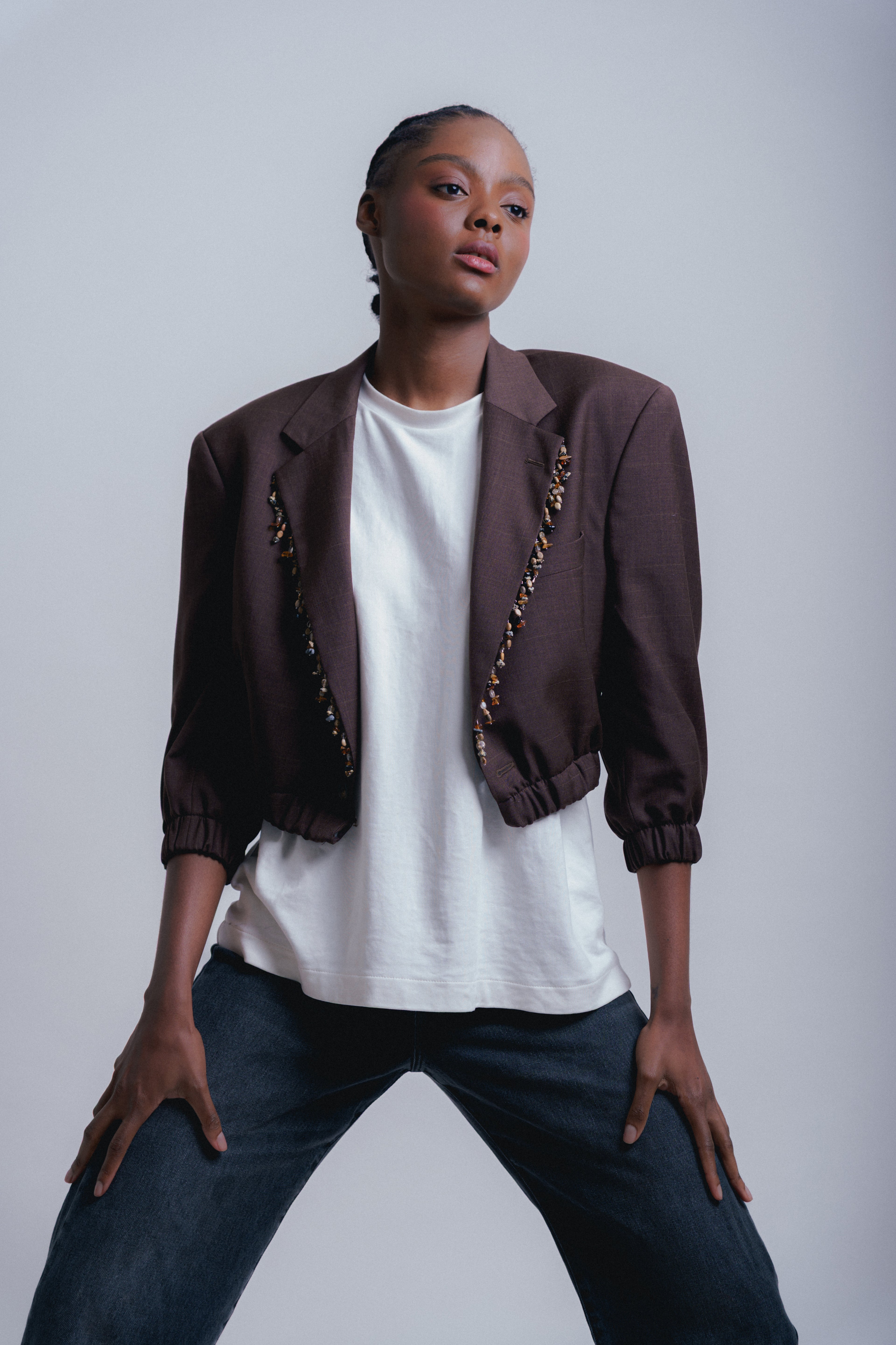 BROWN BOMBER LAPEL BEADS