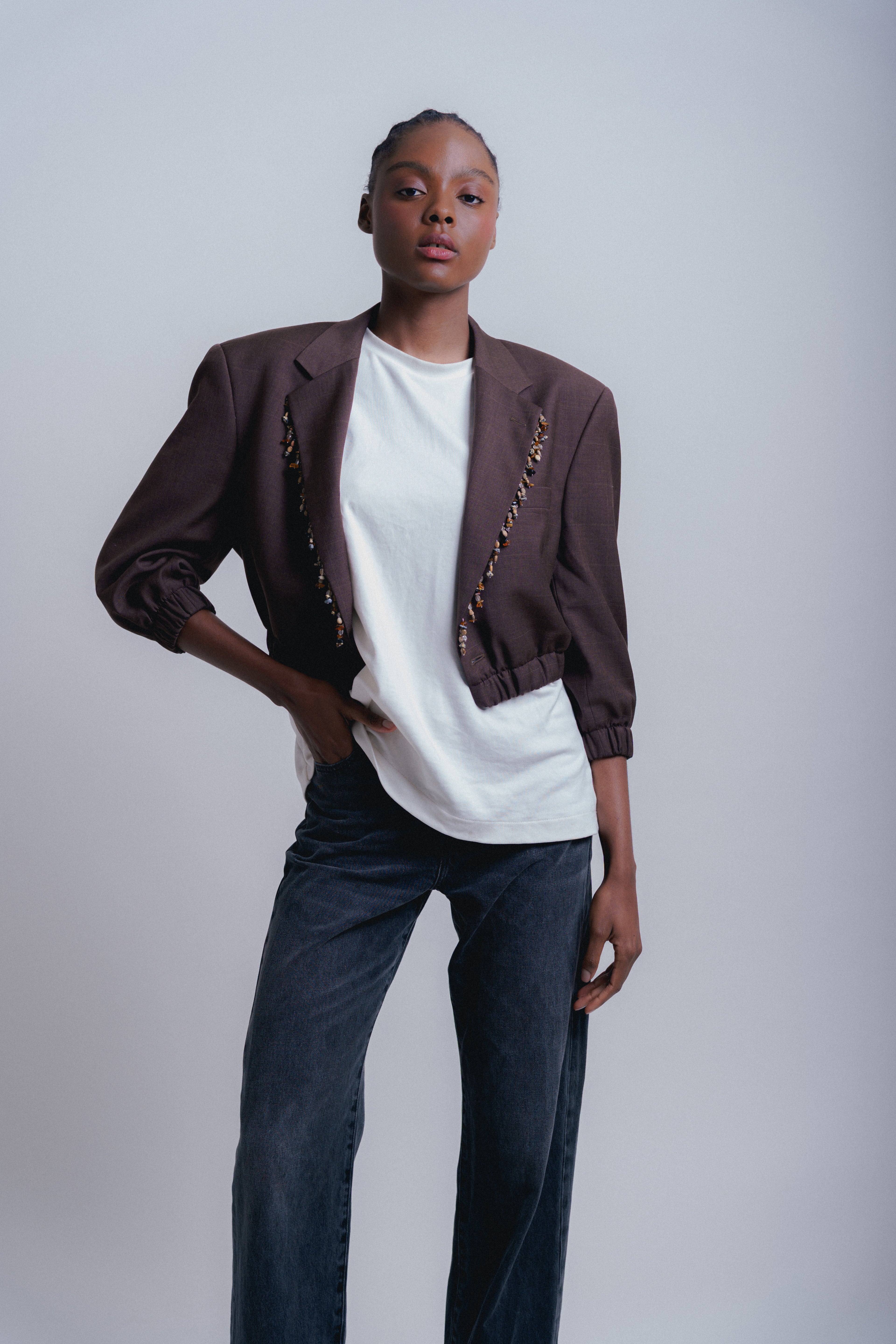 BROWN BOMBER LAPEL BEADS