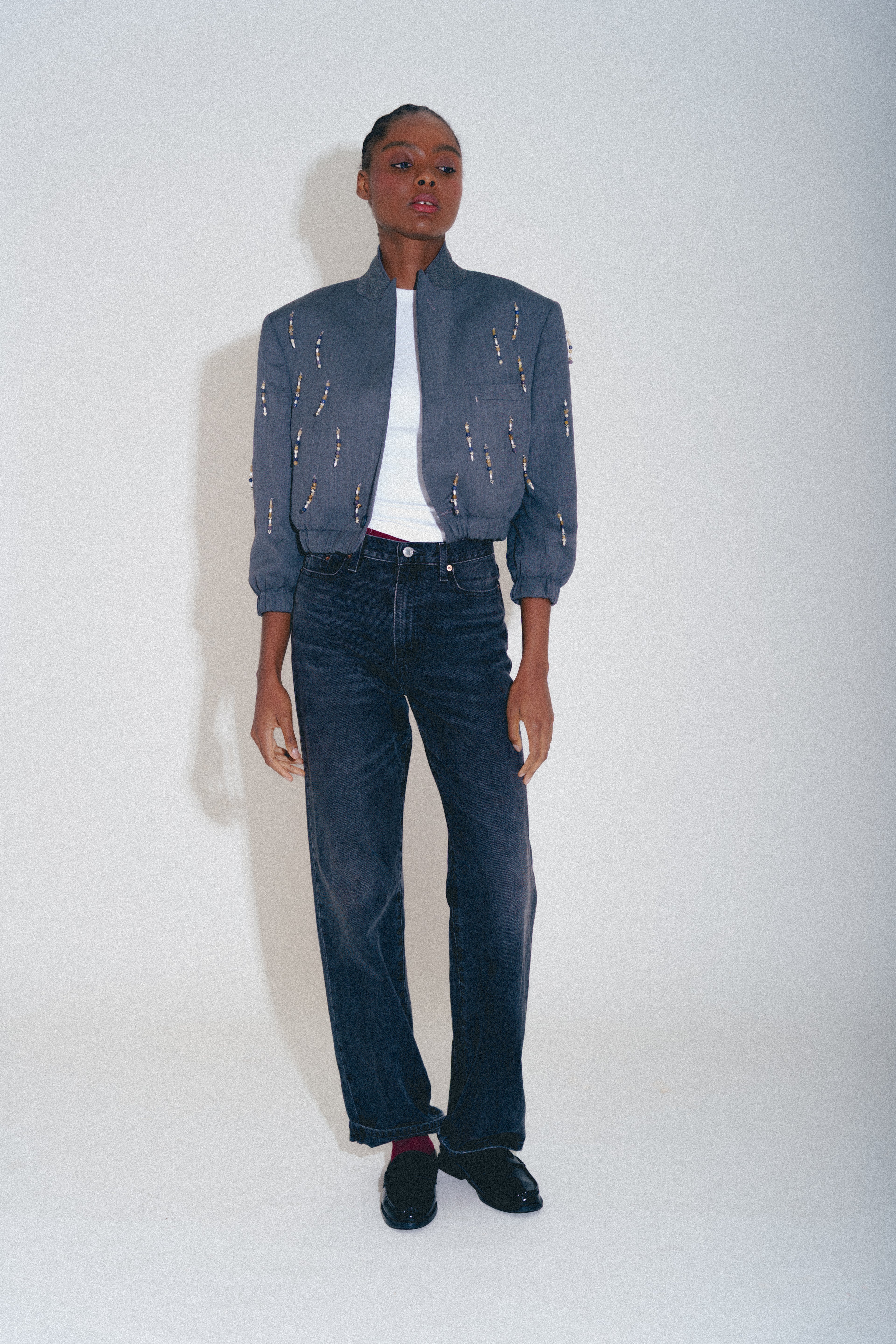 GREY BOMBER LONG BEADS