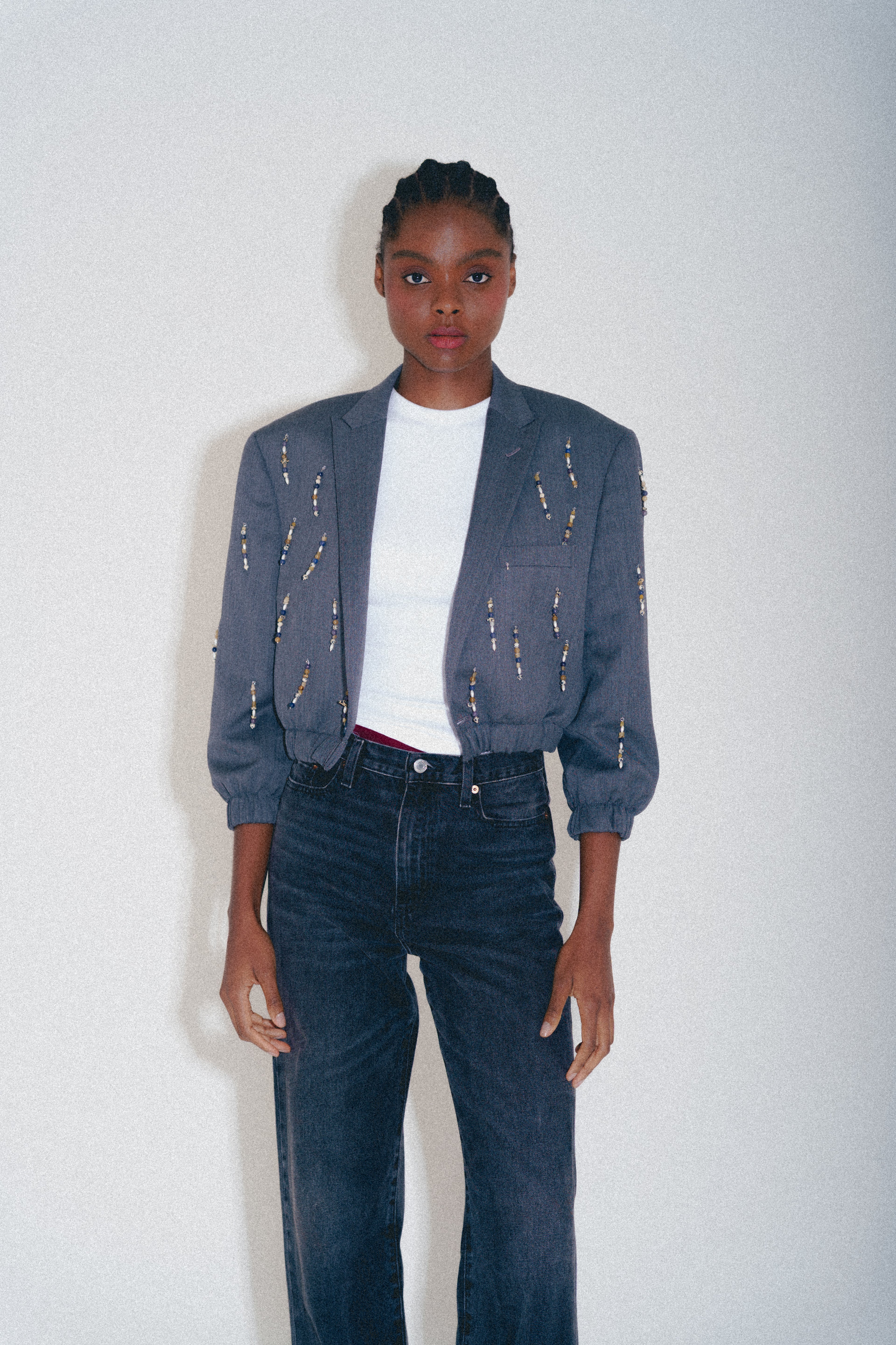 GREY BOMBER LONG BEADS