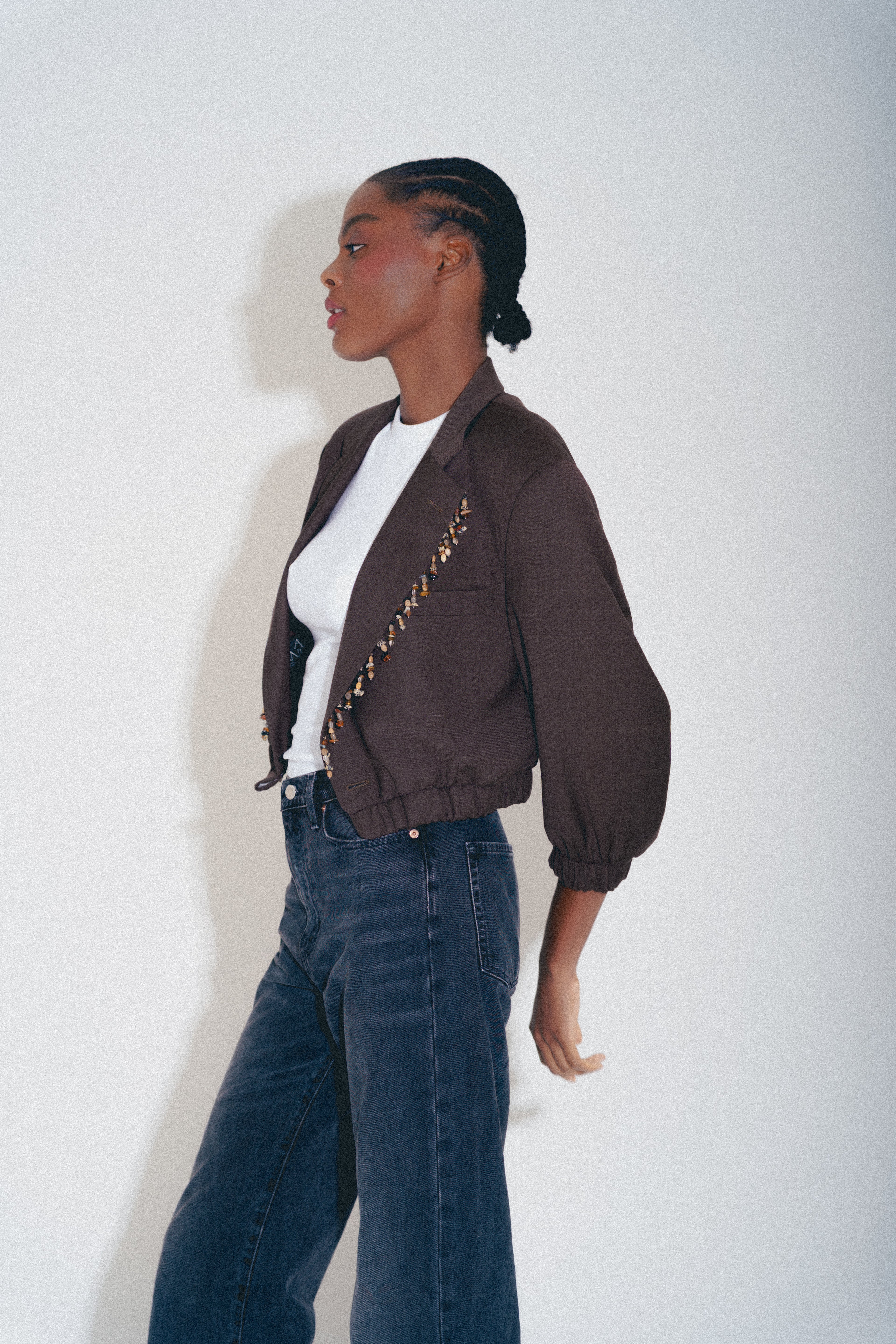 BROWN BOMBER LAPEL BEADS